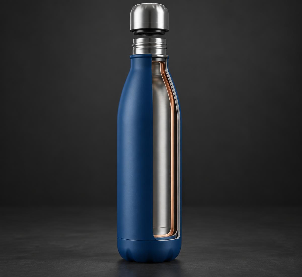 Illustrative cutaway of an insulated steel bottle showing its inner wall, vacuum gap and outer shell