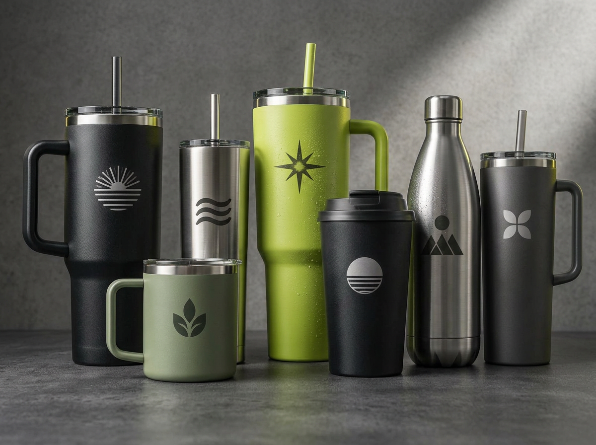 A studio arrangement of differently branded tumblers, mugs and bottles showing their metal rims, lids and textured finishes