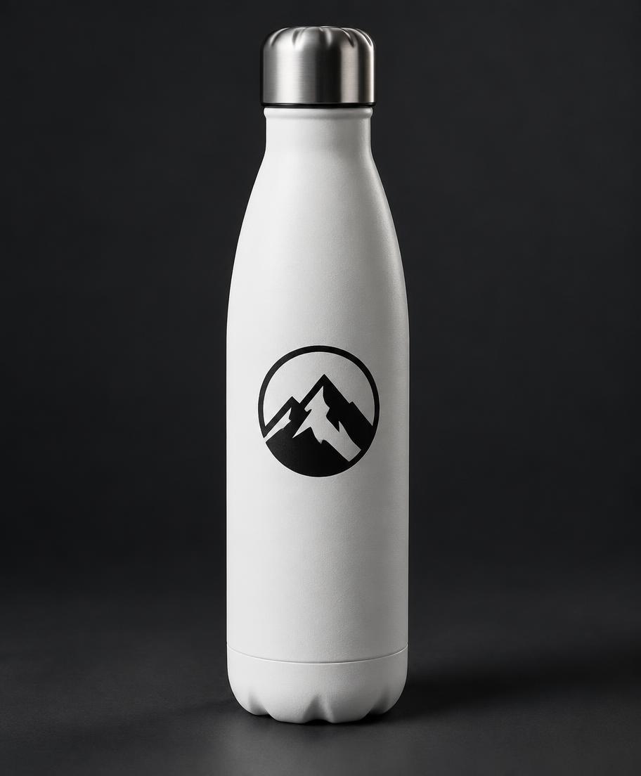 Illustrative white bottle with a bold black printed emblem