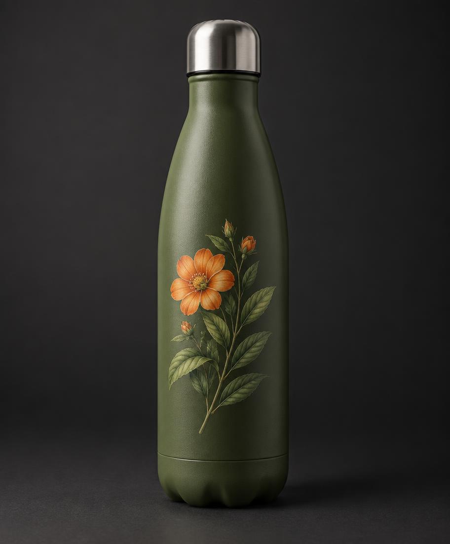 Illustrative olive bottle with a detailed floral print
