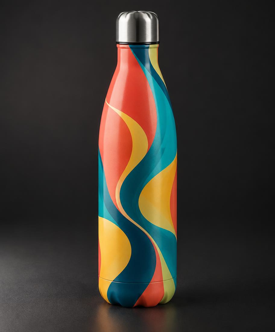 Illustrative bottle with a bright all-over printed pattern